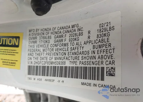 2021 Honda Civic Sport from USA, damaged, VIN 2HGFC2F83MH539368